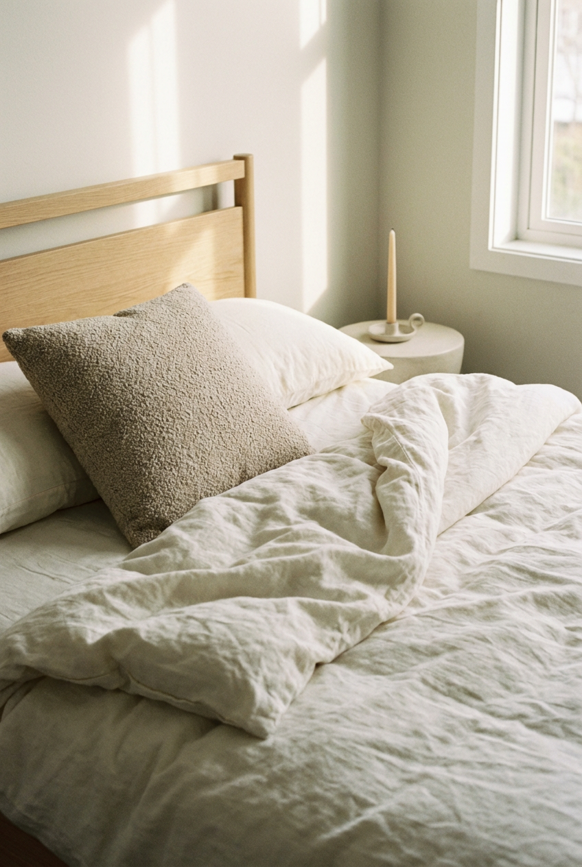 Warm neutral earth tone palette in a Japandi bedroom