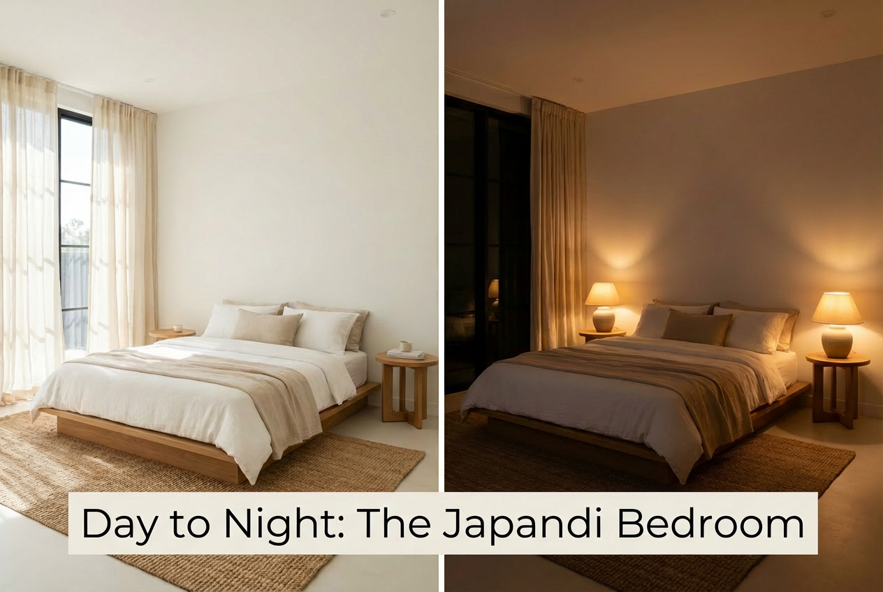 Low platform bed frame in natural wood — Japandi style