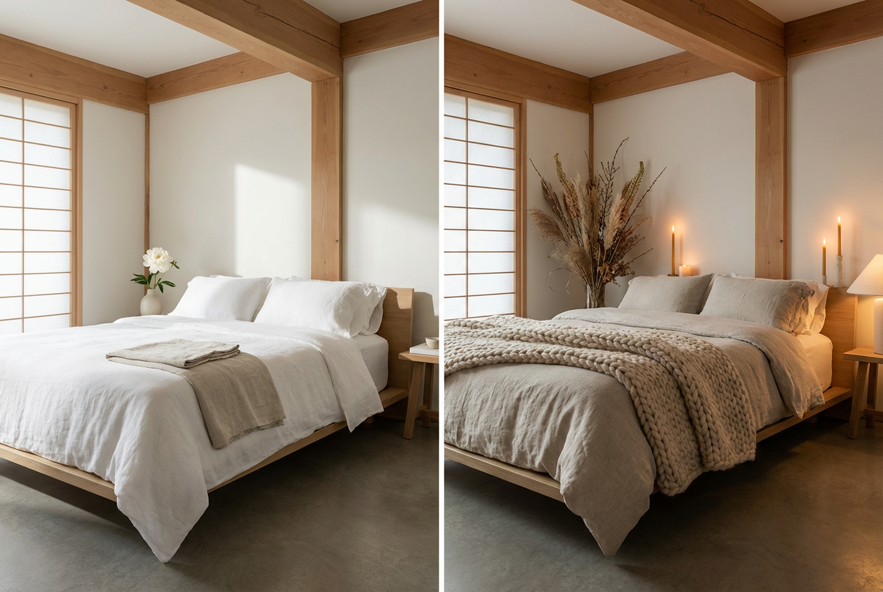 Potted plant as a quiet natural accent in a minimal bedroom