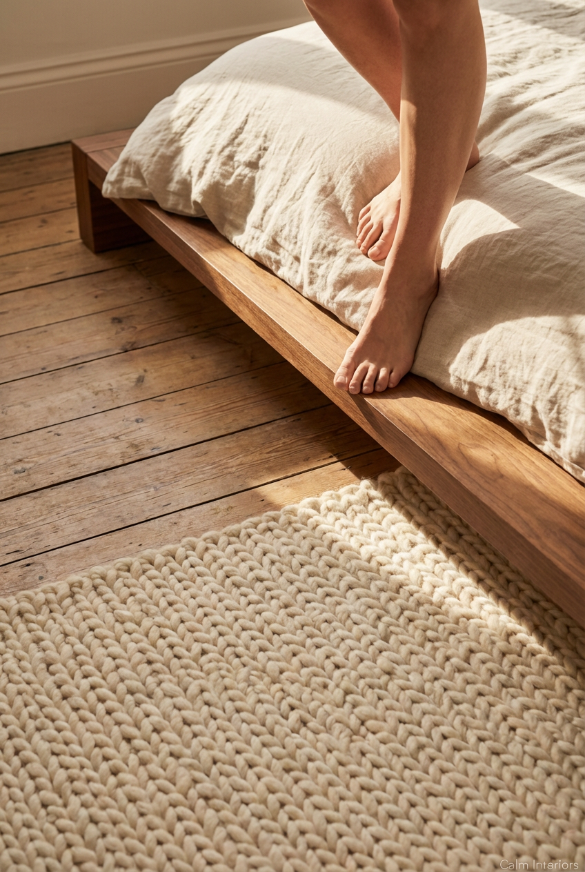 Natural wood floor with a woven jute rug in a Japandi bedroom